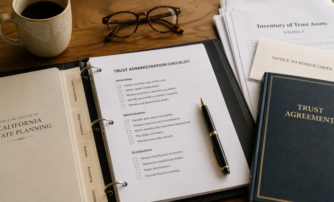 Trust administration paperwork on wooden desk